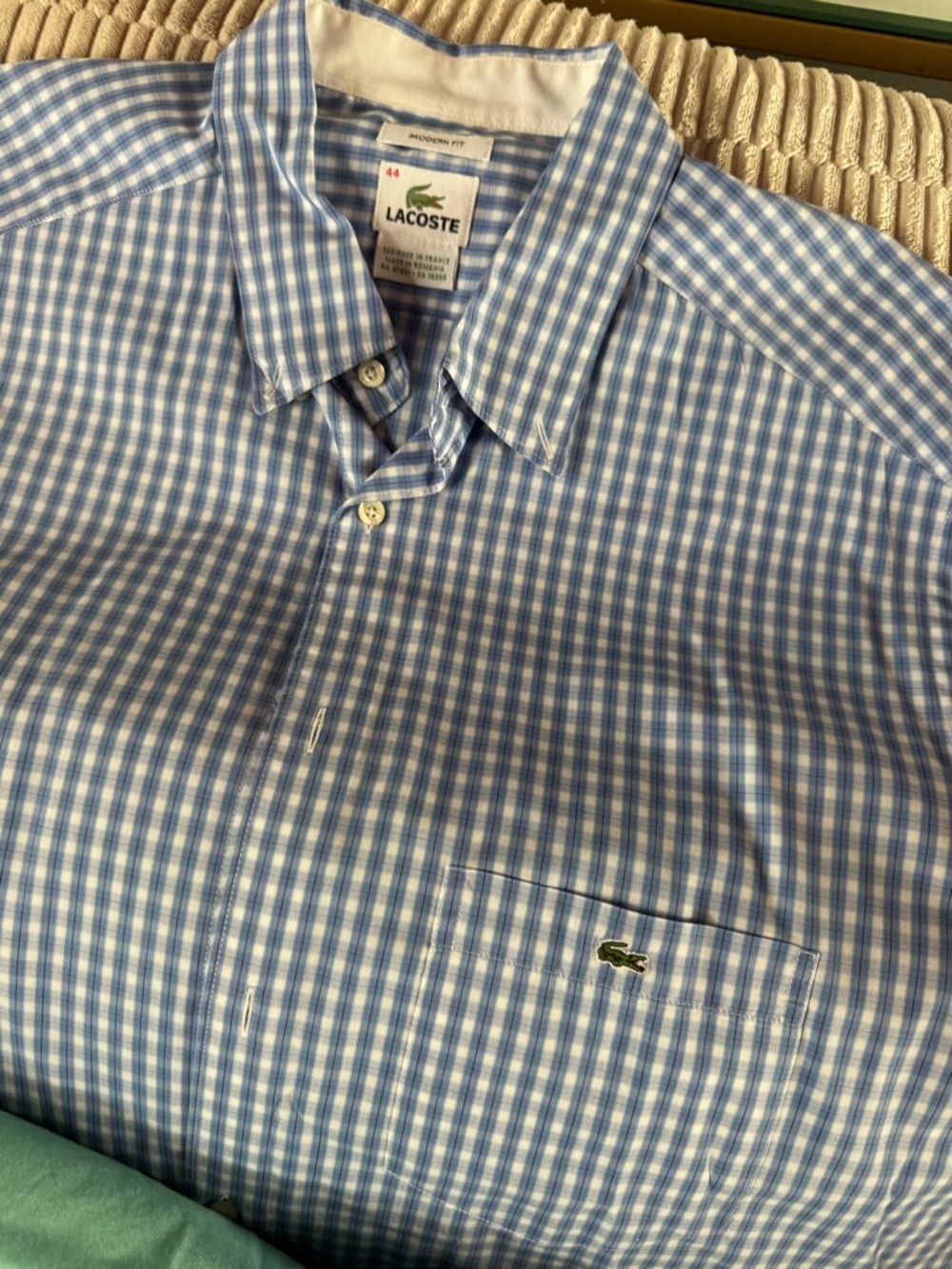 Z🐞2 men’s Lacoste Short-Sleeve Button-Down & Light Blue Gingham Shirt & Mint - Picture 2 of 4